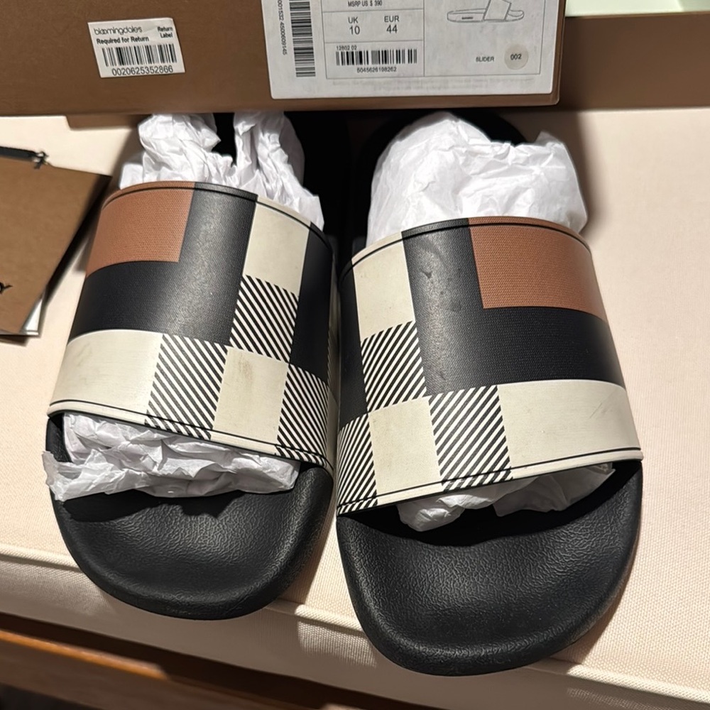 Burberry Check Slide Sandals - Black and Beige